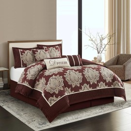 Stratford Park Burgundy California King Size Comforter Set, 7 Piece Damask Patchwork Bedding, Jacquard with Matching Solid Piecework Bedding Set, All Season, Pillow Sham, Bedskirt, Decorative Pillow