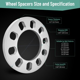 2PCS Universal Wheel Spacers 1/2 Inch (12mm) for 5 Lug Wheel Spacers Vehicles Fits Bolt Patterns 5x4.25, 5x110, 5x112, 5x4.5, 5x115, 5x120, 5x4.75, 5x5.0 Cars & Light Trucks