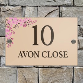Badgemaster Modern Desert Beige House Number Sign Plaque Stainless Steel Standoffs 20cm x 13cm Pink Flower Top