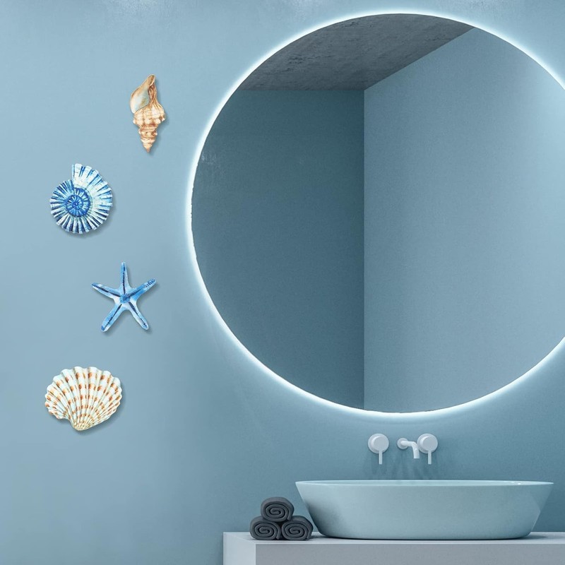 Yookeer 4 Pcs Beach Wall Decor Seashell Starfish Bathroom Rustic