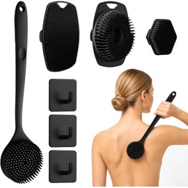 Set de 4 cepillo de silicona para cuerpo:Cepillo de Espalda de Mango Largo, Cepillo Corto, Cepillo para Lavar el Cabello y Cepillo para la Cara, Herramientas de Exfoliación y Masaje (A)