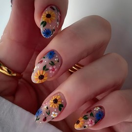 Flower Press on Nails Short Almond Glue on Nails Spring Fake Nails with Floral Insect Pattern Design Acrylic Full Cover Flower Nails Press on False Nails Reusable Stick on Nails for Women 24PCS