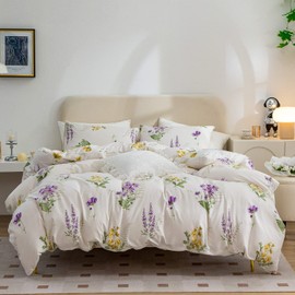 Floral King Duvet Cover, Microfiber 3 Pieces King Bedding Set Flowers, 1 Duvet Cover +2 Pillowcases, Purple Yellow Flower Pattern Duvet Cover, with Zipper Closure, Durable, Easy Care (NO Comforter)