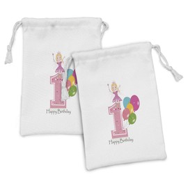 Ambesonne 1st Birthday Fabric Pouch Set of 2, Cartoon Party Theme with Best Wishes Pink Wand and Balloons, Small Drawstring Bag for Toiletries Masks and Favors, 9" x 6", Pale Pink and Lilac