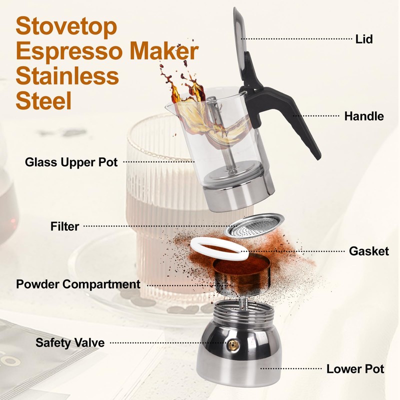 Vaolvpant 9 Cup Glass Clear Moka Pot Thickened 304 Stainless