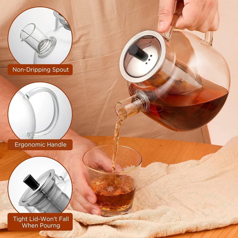 1500ml(50oz) Glass Teapot with Removable Infuser, Ehugos Stovetop Safe Large