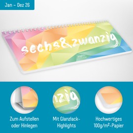 =Häfft® Weekly Desk Calendar 2026 Landscape to Stand Up "Rainbow" 1 Week 2 Pages, Desk Calendar with Stand, Weekly Calendar 29.7 x 11.6 cm - Sustainable and Climate Friendly