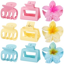 3 Styles Medium Hair Clips for Women 9 Pcs Small Claw Clips for Thin Hair Flower Hair Clips for Thick Hair Square Hair Claw Clips for Girls Hawaiian Plumeria Hair Accessories for Women (Pink)