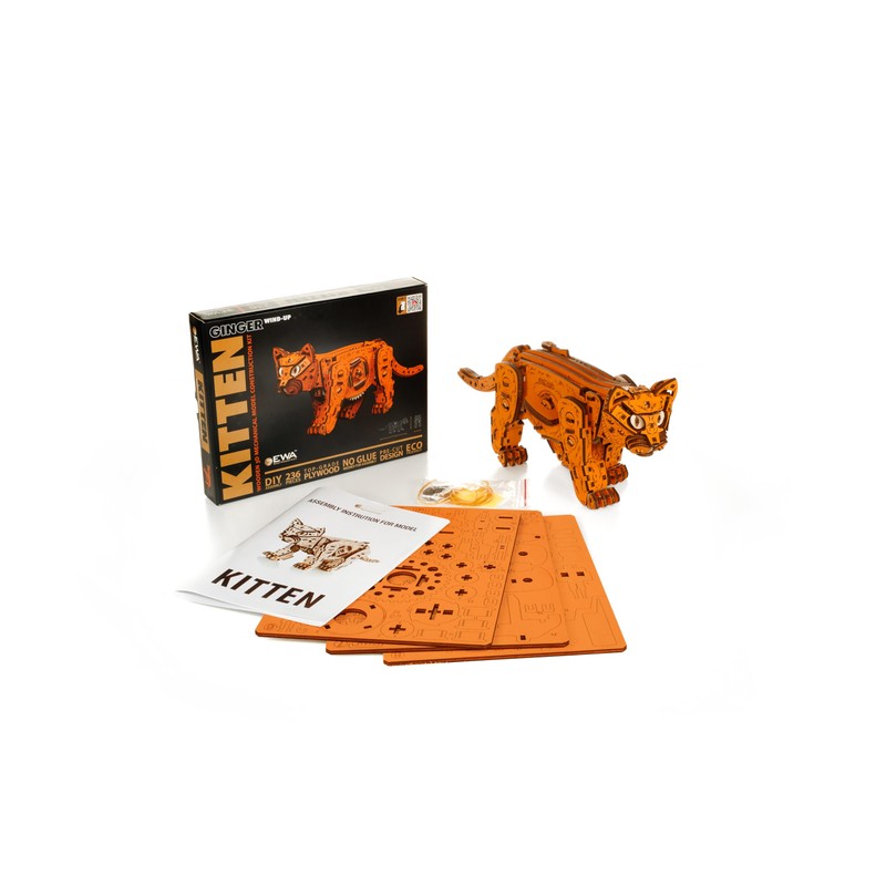 EWA Eco-Wood-Art Ginger Kitten Mechanical Wooden Kit with Spring Motor
