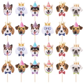 JJUNW 24Pcs Dog Cupcake Toppers, Cute Single Sided Dogs Face Cupcake Topper for Dog Pet Themed Birthday Party Decorations(Dog Face)