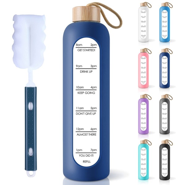 PROBTTL 32 Oz Borosilicate Glass Water Bottle with Time Marker