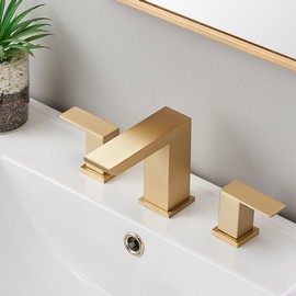 HOTIS HOME Modern Brushed Gold Bathroom Faucet, Bathroom Faucets for Sink 3 Hole, 8-Inch 3 Hole Brass Vanity Faucet, 2 Handle Waterfall Bathroom Sink Faucet with Supply Hoses and Drain