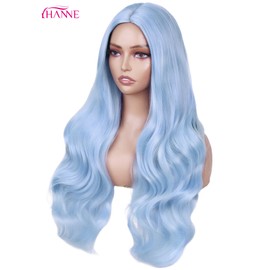 HANNE Light Blue Wig for Women 26 Inch Synthetic Wig Heat Resistant Long Body Wavy Blue Wigs for Women (Light Blue)