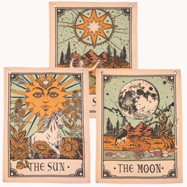 Accnicc 3 Pack Tarot Tapestry, Sun Moon and Star Tarot Card Tapestry, Brown and Beige Tapestry Wall Hanging, Vertical Vintage Aesthetic Wall Tapestry for Room with Steel Grommets (Brown, 15'' × 20'')