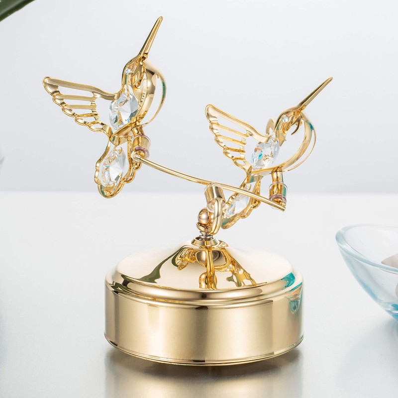 24K Gold Plated Music Box with Two Crystal Studded Hummingbirds