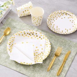 Fijinhom White and Gold Dot Paper Plates Set, 175 PCS Party Supplies, Disposable Dinnerware Set for 25 Guests, Gold Dot Paper Plates Napkins Cups Gold Plastic Forks Knives Spoons for Christmas