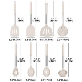 Silicone Cooking Utensil Set, 8Pcs Non-stick Cookwares with Stainless Steel Handle, BPA Free Heat Resistant Kitchen Tools with Spatulas, Turners, Spoons, Skimmer and Pasta Fork (KHAKI)