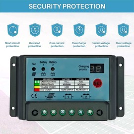 Powlsojx Dual Battery Solar Charge Controller 10A 20A 30A PWM 12V 24V System Batteries Power Panel Regulator Charger (10A)