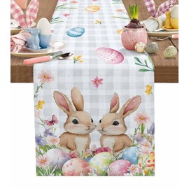 Easter Table Runner 13x72 Inches Long Bunny Eggs Table Runners Washable Cotton Linen Spring Floral Grey Buffalo Plaid Dresser Scarf Kitchen Dining Table Decor for Easter Holiday Dinner Party Coffee