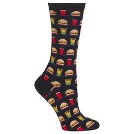Hot Sox Women's Fun Food Crew Socks-1 Pair Pack-Cool & Cute Pop Culture Novelty Gifts, Hamburger, Fries and Drink (Black), Shoe Size: 4-10