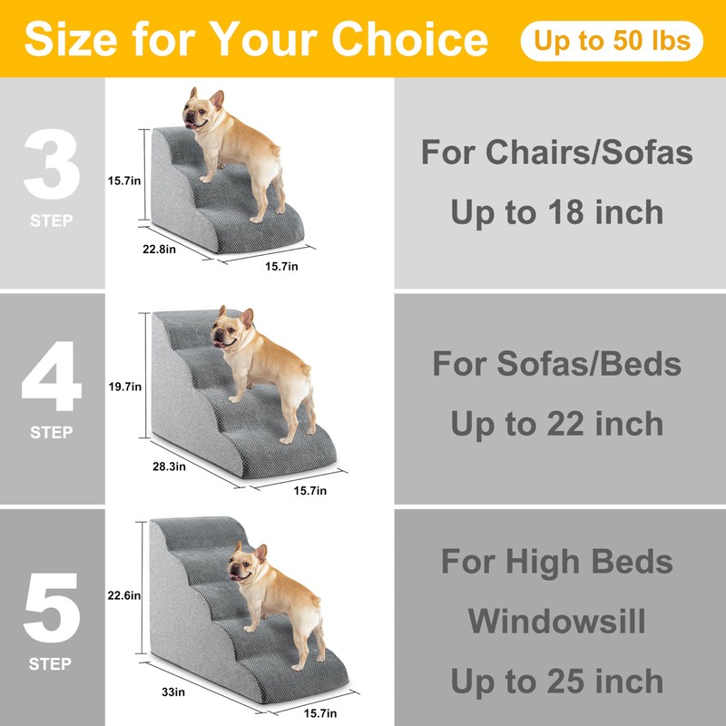 5-Step Dog Stairs, 22.6” High Foam Pet Ramp for Small