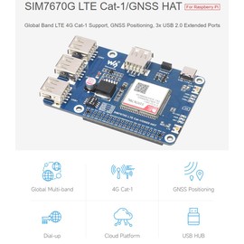 SIM7670G LTE Cat-1/GNSS HAT Board for Raspberry Pi 5/ 4B/ 3B+/3B/ Zero W/Zero 2W, Support Global Multi-Band LTE 4G Cat-1/ GNSS Positioning/Dial-up on Windows/Linux/, with 3X USB 2.0 Extended Ports