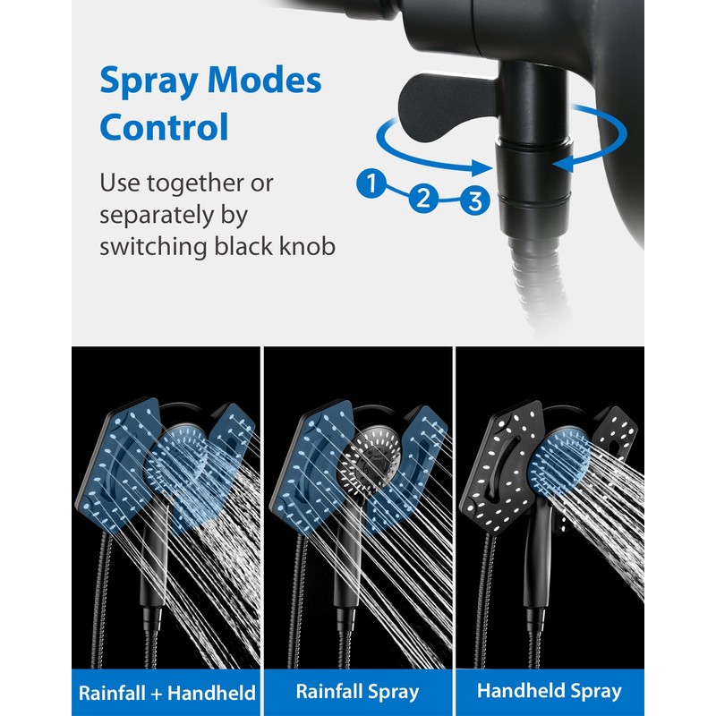 Black Shower Head with Handheld: 2 in1 Shower Head High