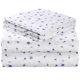 HOMEIDEAS Floral Blossom Printed Sheets(Blue, Queen Size), 4 Pillowcases Crisp Microfiber Pattern Flat & Fitted Sheet Set, 15" Deep Pocket Wrinkle & Fade Free 6 Pieces Bed Sheets