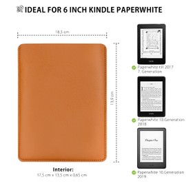 MyGadget 6 Inch Faux Leather Sleeve Case - Case with Soft Felt Lining - Ideal for Kindle Paperwhite 7 to 10th Generation (up to 2019) - Brown