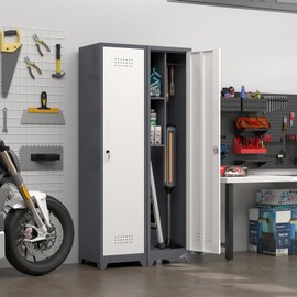 STEELIST Metal Broom Storage Cabinets, Narrow Cabinet with Hooks, 65" Slim Bathroom Storage Cabinet with Shelves, Heavy-Duty Cleaning Cabinets for Utility Room, Gym, Office, Garage