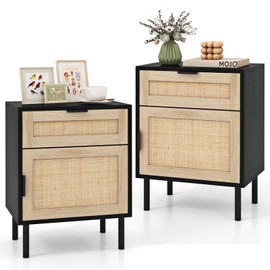 Giantex Rattan Nightstand Set of 2, Mid Century Modern End Table with Drawer & Cabinet, Sofa Side Table with Sturdy Metal Legs, Wood Bedside Table for Bedroom, Small Spaces, Black & Natural