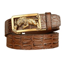 Lyqqine Men's automatic buckle leather belt, crocodile pattern belt, metal ratchet belt, retro dragon buckle head belt (tiger, Brown)