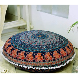 AVA Collections Round 32" Elephant Mandala Large Floor Pillow Cover Meditation Cushion Hippie Boho Cushions Colourful Decorative Bohemian Handmade COVER ONLY (Multicolour- Elephant)