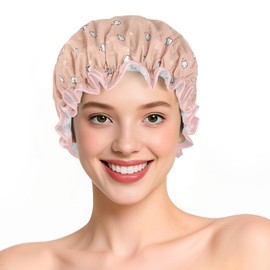 Luxury Double Layer Shower Cap Blue,Waterproof Reusable Hair Cap,Unisex Bath Hat For Hair Protection,Double-layer,Elastic Trim,Suitable For All Hair Types And Lengths (Cat Pink)