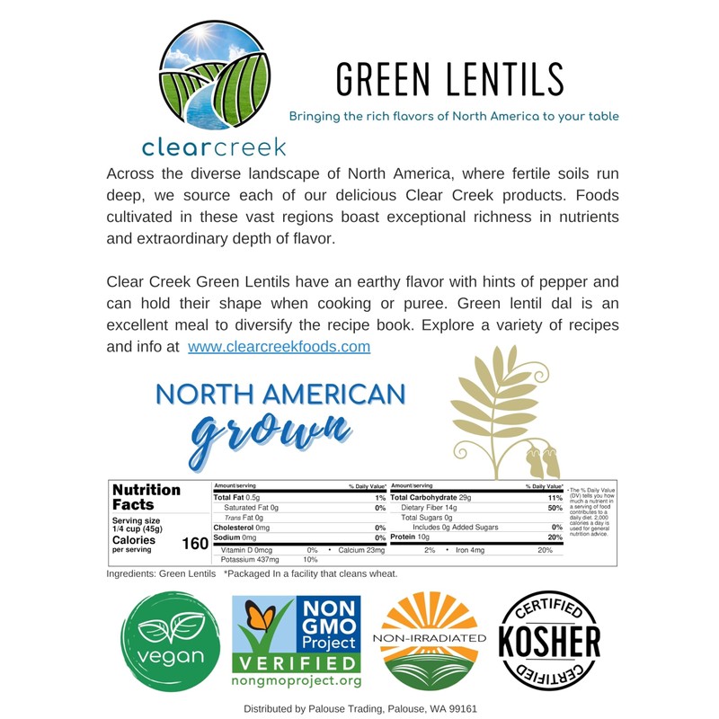 CLEAR CREEK Green Lentils | Project Non-GMO Verified | 25