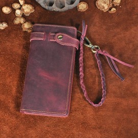 Le'aokuu Men's Genuine Leather Wallet Organiser Double Checkbook Wallet Pattern Commercial Wallet 3377, 3377 E Wine, Minimalist