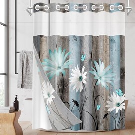 No Hook Rustic Farmhouse Shower Curtain with Snap in Fabric Liner Set, Teal Daisy Flowers and Butterfly on Wooden Double Layers Waterproof with See Through Top Bath Curtain 71x74 Inch - Color: Blue Daisy, Size: 71×74inch