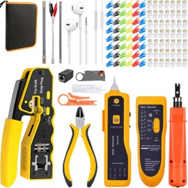 LEATBUY Crimp Tool Set RJ45 Crimper Cat5 Cat5e Cat6 Crimping Tool Kit, 50PCS Pass Through Connectors, 50PCS Covers, Network Cable Tester, Wire Punch Down Cutter (ORANGE)