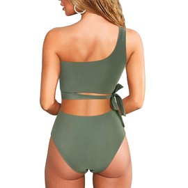 COOLIZ Traje de baño para Mujer Dos Piezas de Cintura Alta para Playa Surf Piscina Un Hombro Descubierto con Tira de Amarre y Lazo
