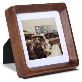 Gdfmsc Square 4x4 Picture Frame with Mat for 3x3, USA-Sourced Natural Walnut Wood Handcrafted Rounded Corner with Real Glass, Vertical or Horizontal Display Photo Gallery Wall & Tabletop Frame