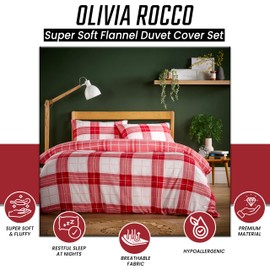 Olivia Rocco Super Soft Flannel Duvet Cover Set Quilt Bedding Covers with Pillowcases Luxurious Colourful Checked Printed Design Reversible Pattern for Comfort Sleep, Alba Red Single