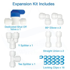 Quick Connect 1/4" Shut Off Valve Expansion Kit, Push-Fit Ball Valve with Additional Water Tube Fittings for Refrigerator, RO Reverse Osmosis, Water Filters, Ice Makers, and Coffee Brewers Connections