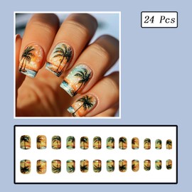 24pcs Summer Press on Nails Short Square Fake Nails with Designs Beach Coconut Tree Sunset False Nails Glossy Glue on Nails Summer Full Cover Stick on Nails for Women Nail Decoration