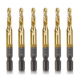 6-pc 10-32NC Combination Drill Tap Bit Set SAE, 10-32NC Thread Size, Titanium Coated High-Speed Steel, Ideal for Drilling Threading and Countersinking in Soft Metal Wood and Plastic, 1/4” Hex Shank