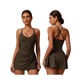 OMEWEE Women's Tennis Dresses Twist Front Split Ruffle Cami Dress with Shorts Golf Active Dress Dark Brown XL