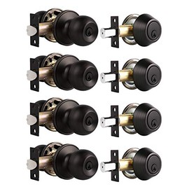 Probrico Oil Rubbed Bronze Door Knobs with Single Cylinder Deadbolts Exterior, keyed Alike Handleset Combo Pack, Lockset for Front Door and Outside Gate, Set of 4