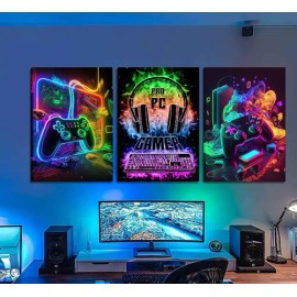 3 Cuadros Gamer Neon Videojuegos Habitacion Canvas Arte Gaming                                                                                        