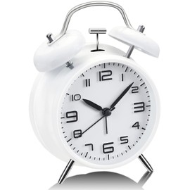 YouJabz Double Bell Alarm Clock with Night Light, Retro Children's Alarm Clock Analogue with Large Dial of 4 Inches, No Ticking, Silent, Back to School, Child Student Gift (White)