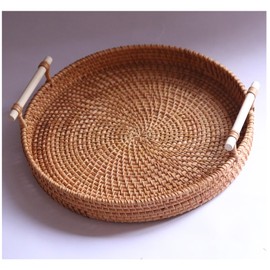 Handmade Rattan Round Storage Basket - Round Dinner Plate with Handle, Wicker Basket, Suitable for Bread, Fruits, Vegetables, Restaurant Cutlery and Tabletop Display Baskets