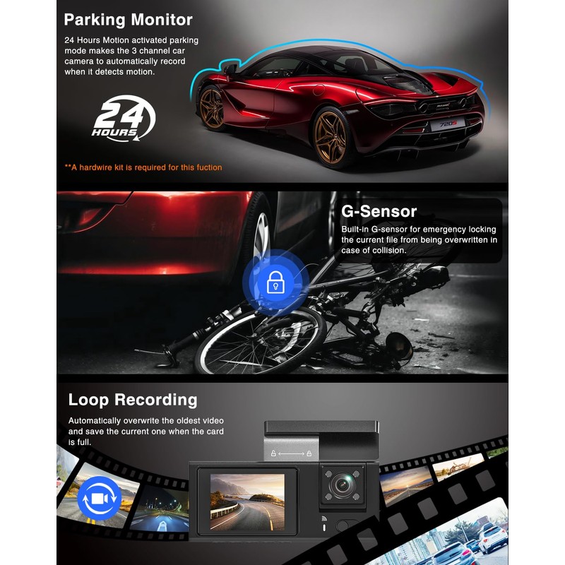 3 Channel 4K WiFi Dash Cam, 4K+1080P+1080P Front Inside and